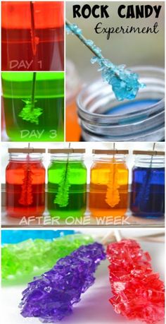 the process for making rock candy experiment is shown with different colors and shapes in jars