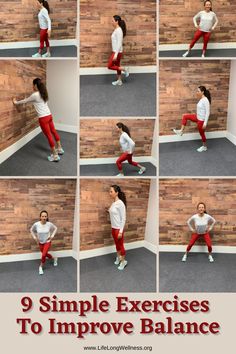 a woman in red pants and white shirt doing exercises with her hands on the wall