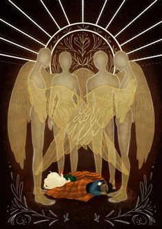 an illustration of two angels in the middle of a nativity scene, surrounded by angel wings