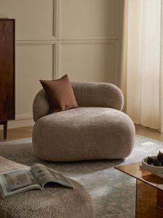 a living room with a cat laying on the floor next to a couch and chair