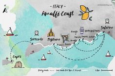 Amalfi Coast map Amalfi Coast Map Illustration, Amalfi Coast Road Trip, Almafi Coast Italy Itinerary, Infographic Map Design, Travel Map Aesthetic, Amalfi Coast Italy Map, Travel Map Ideas, Amalfi Coast Map, Travel Map Illustration