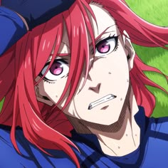 an anime character with red hair and pink eyes looks at the camera while wearing a baseball cap