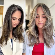 Brunette Hair with Balayage to Hide Grays Grey Hair Coverage Ideas, Hide Gray Hair With Highlights Brunettes, Hair With Highlights Brown, Blending Gray Hair With Highlights, Gray Hair With Highlights, Long Haircut