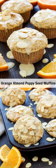 orange almond poppy seed muffins on a baking tray with sliced oranges and one in the background