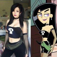 an animated image of a woman in fishnet stockings and tights, next to a cartoon character