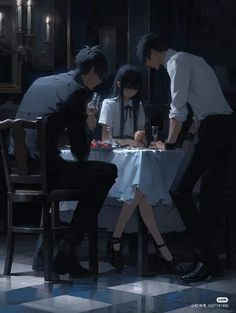 three people sitting at a table with drinks in front of them and one person standing over the table