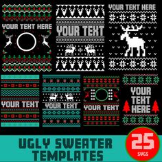 ugly sweater templates with reindeer, snowflakes and christmas trees on black background