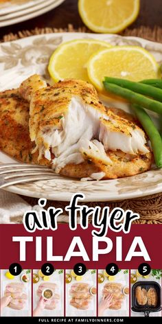 an advertisement for air fryer tilapia with lemons and green beans on the side