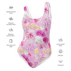 Garden Floral One-Piece Swimsuit – The Happy Fun Shop Fitted Summer One-piece With Lined Body, Fitted Summer One Piece With Lined Body, Spring Tankini With Uv Protection For Swimming, Fitted Spring Tankini With Uv Protection, Fitted Tankini With Uv Protection For Spring, Fitted Summer Tankini For Swimming, Spring Uv Protection Tankini For Swimming, Fitted Pink Swim Dress For Poolside, Spring Beachwear Swimwear With Uv Protection