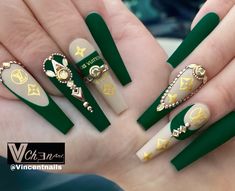 Gucci Nails Designs, Coffin Art, Nails Grunge, Green Acrylic Nails, Makijaż Smokey Eye