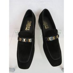 Night Black Suede Gold Vara Chain Penny Loafers By Salvatore Ferragamo Made In Italy 100% Authentic,Guaranteed !!! Size: Us 8 Ee Color: Nero (Print On The Box) Suede Leather Upper Leather Pipe-Trim Detailed Gold And Black Tone Vara Chain At The Vamp Squared Almond Toe Leather Lined Logo Stamped Leather Insole Leather And Rubber Logo Sole Original Price $795 Note !!! These Shoes Came From Ferragamo's Brand Name Store In Its Original Box. They Are New But They Are In-Store Item And It’s Possible T Suede Slip-on Evening Loafers, Evening Suede Slip-on Loafers, Elegant Suede Loafers For Party, Elegant Evening Loafers With Branded Insole, Elegant Flat Heel Loafers For Evening, Ferragamo Shoes Mens, Mens Tassel Loafers, Tuxedo Shoes, Patent Leather Oxfords