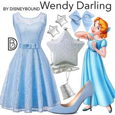 an image of a woman in blue dress and shoes with the words wendy darling on it