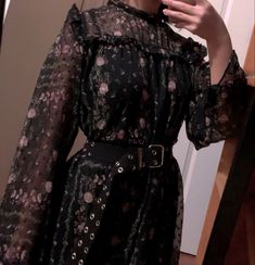 Dark Florals Fashion, Cottagecore Outfits Black, Cottagecore Black Outfit, Dark Florals Outfit, Dark Floral Outfit Aesthetic, Alt Cottagecore Fashion, Dark Floral Aesthetic Outfit, Witchy Dark Academia Outfit, Dark Spring Aesthetic Outfits