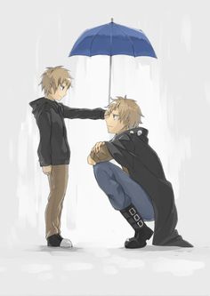 two anime characters standing in the rain with an umbrella over their heads and one holding onto another character's hand