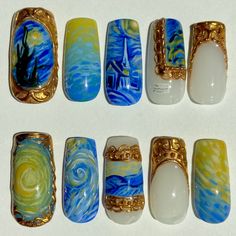 Vincent Van Gogh's Starry Night inspired set with 3D gold frames, hand-painted replicas, and impressionist painting textures Example set is 18. Medium Square A sizing kit is required before purchasing a nail set to ensure a perfect fit. Please allow 1-2 weeks for order processing and shipping. Van Gogh Inspired Nail Art, Starry Night Nails Van Gogh, Hand Paint Nail Art, Van Gogh Inspired Nails, Starry Night Nail Art, Van Gogh Nail Art, Nails Starry Night, Van Gogh Nails, Starry Night Nails