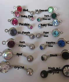 a collection of different colored jeweled belly rings with names in english and german language