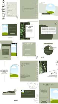 a bunch of green and white brochures with different designs on them, including an image