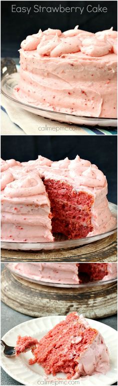 a cake with pink frosting is cut into pieces