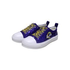 Shine bright amongst the rest when you slip on these Los Angeles Rams sneakers from Cuce. They feature sparkly sequins and the Los Angeles Rams logo embroidered on the side to elevate your fandom in dazzling style.Shine bright amongst the rest when you slip on these Los Angeles Rams sneakers from Cuce. They feature sparkly sequins and the Los Angeles Rams logo embroidered on the side to elevate your fandom in dazzling style.PRODUCT FEATURESMetal eyeletsEmbroidered graphics with rhinestone accent Casual Low-top Sneakers With Glitter Print, Glitter Print Lace-up Sneakers For Streetwear, Purple Glitter Low-top Sneakers, Casual Sneakers With Glitter Print, Casual Glitter Print Sneakers, Casual Lace-up Sneakers With Glitter Print, Spring Low-top Glitter Print Sneakers, Spring Low-top Sneakers With Glitter Print, Casual Sequin Sneakers With Round Toe