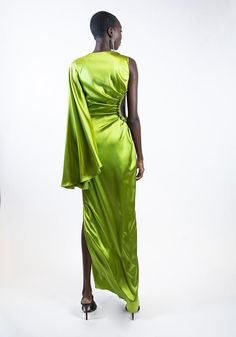 Glowing Green One Sleeved Cut-Out Gown Expected Delivery: 2-4 weeks after purchase Made in USA Made to order styles are final sale For questions, please email info@christiansiriano.com Luxury Draped Fitted Gown, Luxury Fitted Green Maxi Dress, Christian Siriano, One Shoulder Formal Dress, Final Sale, Made In Usa, Cut Out, Saree, Formal Dresses