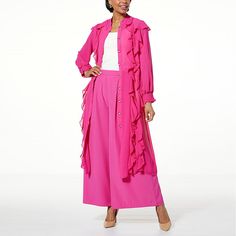 Allison Brown NY Maldives Maxi Duster   Make a grand entrance — or exit — in this head-turning sheer duster top. With ruffled details and dramatic length, it elevates any look instantly. Sheer Duster, Ireland Fashion, Ny Fashion, Grand Entrance, Fuchsia Color, Pink Outfits, Draped Fabric, Skirt Leggings, Sweater And Shorts