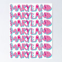 pink and blue poster with the word maryland in different languages