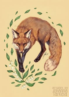 a painting of a fox with leaves and flowers around it