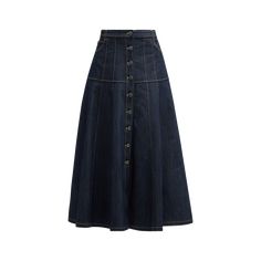 Cinq a Sept "Veena" skirt in dark-wash denim with contrast stitching  Three-pocket style  High rise Hem falls below the knee A-line silhouette Button front; belt loops  Polyurethane/viscose Lining: Cotton Dry clean Imported Workwear Denim Blue Skirt With Belt Loops, Dark Wash Relaxed Midi Denim Skirt, Dark Wash Relaxed Denim Midi Skirt, Relaxed Dark Wash Denim Midi Skirt, Chic Dark Wash Denim Skirt With Belt Loops, Dark Wash Skirt For Workwear In Fall, Dark Wash Skirt For Workwear, Fall Season, Dark Wash Skirt For Fall Workwear, Knee-length Dark Wash Bottoms For Workwear