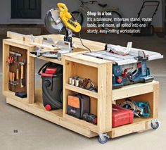 a workbench with tools in it and instructions on how to use the table saw