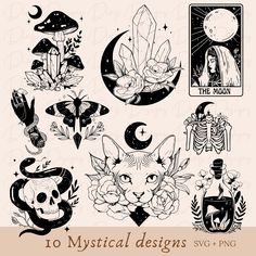 various tattoo designs including skulls, flowers and cats with the moon in the sky above them