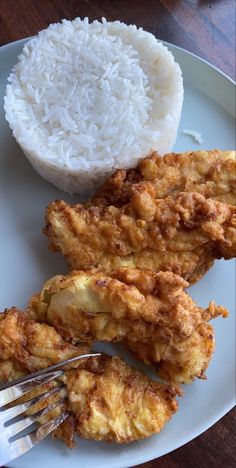 fried chicken and rice on a plate with a fork