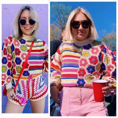 two pictures of women wearing colorful sweaters and shorts, one is holding a red cup