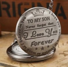 This pocket watch is an ideal gift to your son with an inspirational message. The vintage design is so cool, and he will keep it for good. Buy one for him to celebrate Graduation Day, a Birthday, or an anniversary. Product information:Display Type: PointerStyle: AntiqueWaterproof: NoMovement Type: QuartzCase Material: Zinc AlloyMovement Brand: SeagullMirror Material: Plexiglass MirrorColor: Black, Silver, Golden GoldSize: 4.5cm in diameter(watch) ; 80cm in length (Necklace) Packing list:Pocket w Steampunk Pocket Watch, Bronze Gifts, Watch Gift Box, Presents For Boys, Forever Gifts, Gold Gift Boxes, Silver Gift Box, To My Son, Fob Watch