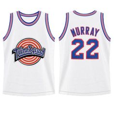 two white basketball jerseys with blue and red numbers on the front, one has an orange stripe