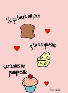 the words in spanish are written on pink paper with red hearts and some breads