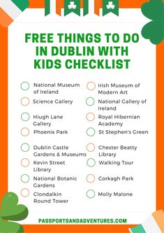 a sign that says free things to do in dublin with kids's checklist