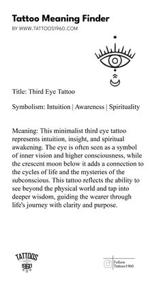 Meaning: This minimalist third eye tattoo represents intuition, insight, and spiritual awakening. The eye is often seen as a symbol of inner vision and higher consciousness, while the crescent moon below it adds a connection to the cycles of life and the mysteries of the subconscious. This tattoo reflects the ability to see beyond the physical world and tap into deeper wisdom, guiding the wearer through life's journey with clarity and purpose.
Symbolism: Intuition, Awareness, Spirituality. Third Eye Tattoo, Third Eye Tattoos, Eye Tattoos, History Tattoos, Cycle Of Life, We Are A Team, Higher Consciousness, Eye Tattoo, Best Tattoo