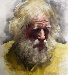 a watercolor painting of an old man with a beard and yellow shirt looking to his left