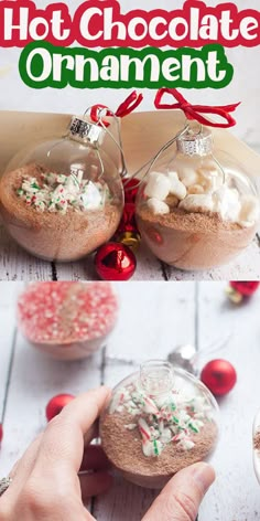 hot chocolate ornament with candy canes and marshmallows in it