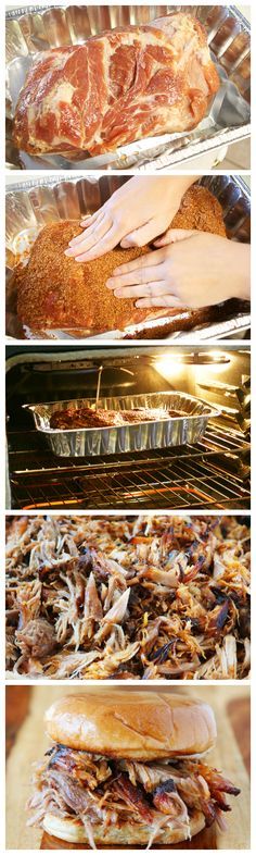 the process of cooking meats in an oven is shown with three different pictures showing how to cook them