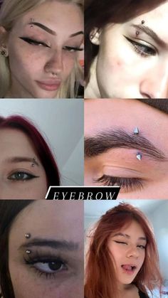 four different pictures of women with piercings on their forehead and eyebrows, all showing the same