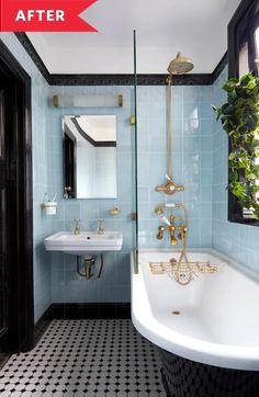 a bathroom with black and white checkered flooring, blue walls and gold fixtures