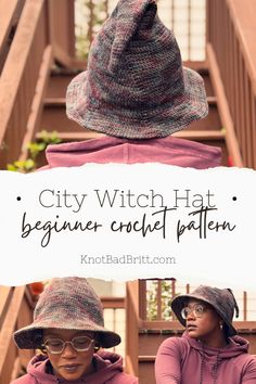 two women wearing hats with the caption city witch hat beginner crochet pattern