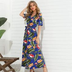 DESCRIPTION SKU: TO1000C2989 Brand Name: Toadds Material: polyester Thickness: Regular Sleeve length: Short sleeve Collar&neckline: V neck Package Included: dress/1 Season: Spring.Summer SIZE CHART(cm) SIZE s m l Shoulder 38 39 40 Bust 96 100 104 Waist 76 80 84 Sleeve length 28 29 30 Length 138 139 140 All dimensions are measured manually with a deviation of 1 to 3cm. Blue Fitted Half Sleeve Maxi Dress, Blue Fitted Maxi Dress With Half Sleeves, Fitted Half Sleeve Blue Maxi Dress, Blue Half-sleeve Maxi Dress For Vacation, Blue Half Sleeve Midi Dress For Summer, Blue Half-sleeve Midi Dress For Summer, Blue Floral Print Half Sleeve Midi Dress, Blue Floral Print Midi Dress With Half Sleeves, Blue Summer Dress With Half Sleeves