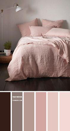 a bed with pink sheets and pillows in a bedroom color scheme that matches the walls