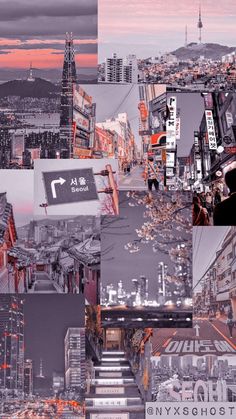 a collage of photos with buildings and signs in the city at sunset or dawn