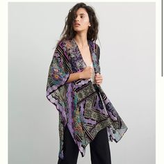 Anthropologie Kimono Nwt Boho Vibes One Size Bohemian Purple Outerwear, Casual Purple Outerwear For Summer, Casual Purple Summer Outerwear, Anthropologie Kimono, Velvet Kimono, Fringe Kimono, Burnout Velvet, Anthropologie Jacket, Short Kimono