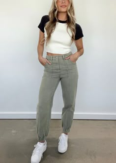 Olive Washed Cargo Pants – Lane 201 Athletic Pants Outfit, Trendy Mom Outfits, Polo Shirt Outfits, Blouses Designs, Classic Style Outfits, Brunch Date, Elevated Style, Simple Trendy Outfits, Designs Ideas