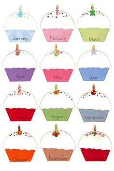 cupcakes with candles are arranged in the shape of calendars for each month