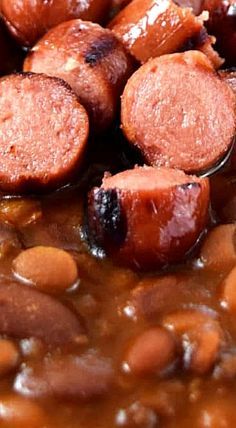 some beans and sausages are in a bowl